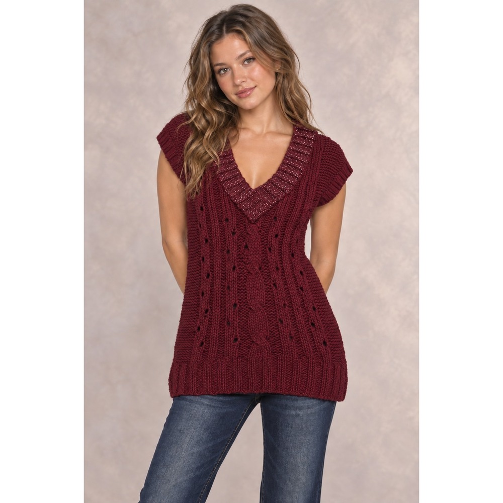 Mudd Women's Large Burgundy Cable Knit Metallic Short Sleeve Tunic Sweater